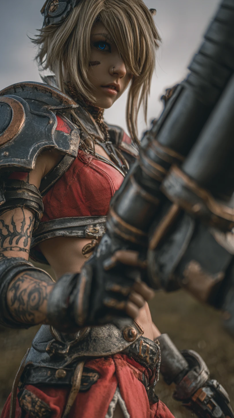 Anime warrior woman with mask tattoos and black armor