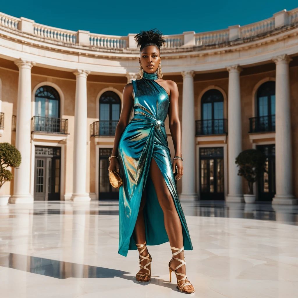 Elegante mujer negra con vestido de alta costura en patio de mármol