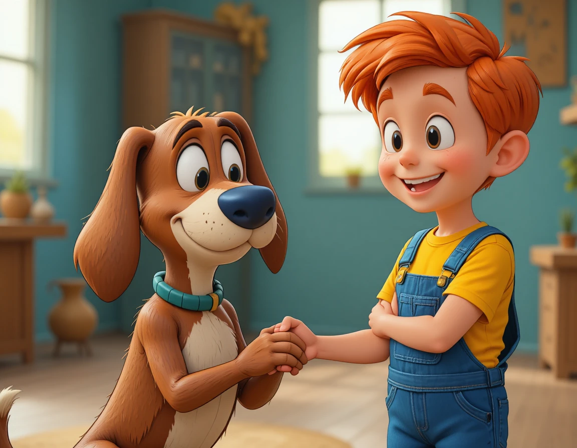 Niño alegre chocando la pata con un perro caricaturesco y divertido
