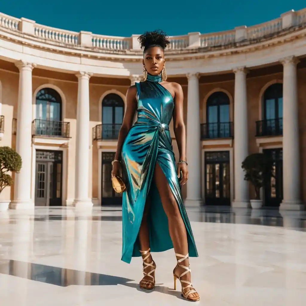 Elegante mujer negra con vestido de alta costura en patio de mármol