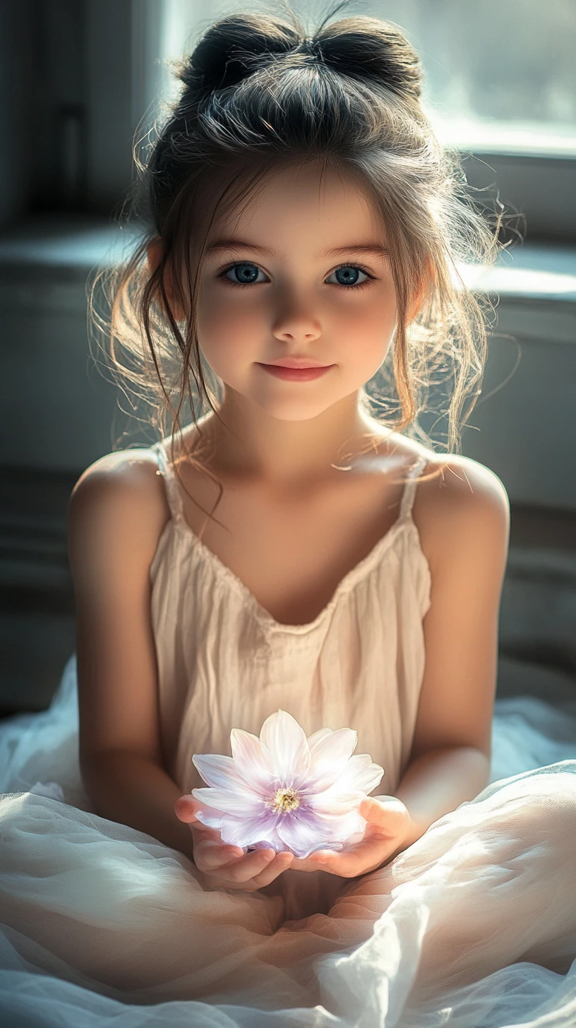 Young girl with glowing flower in a dreamy interior
