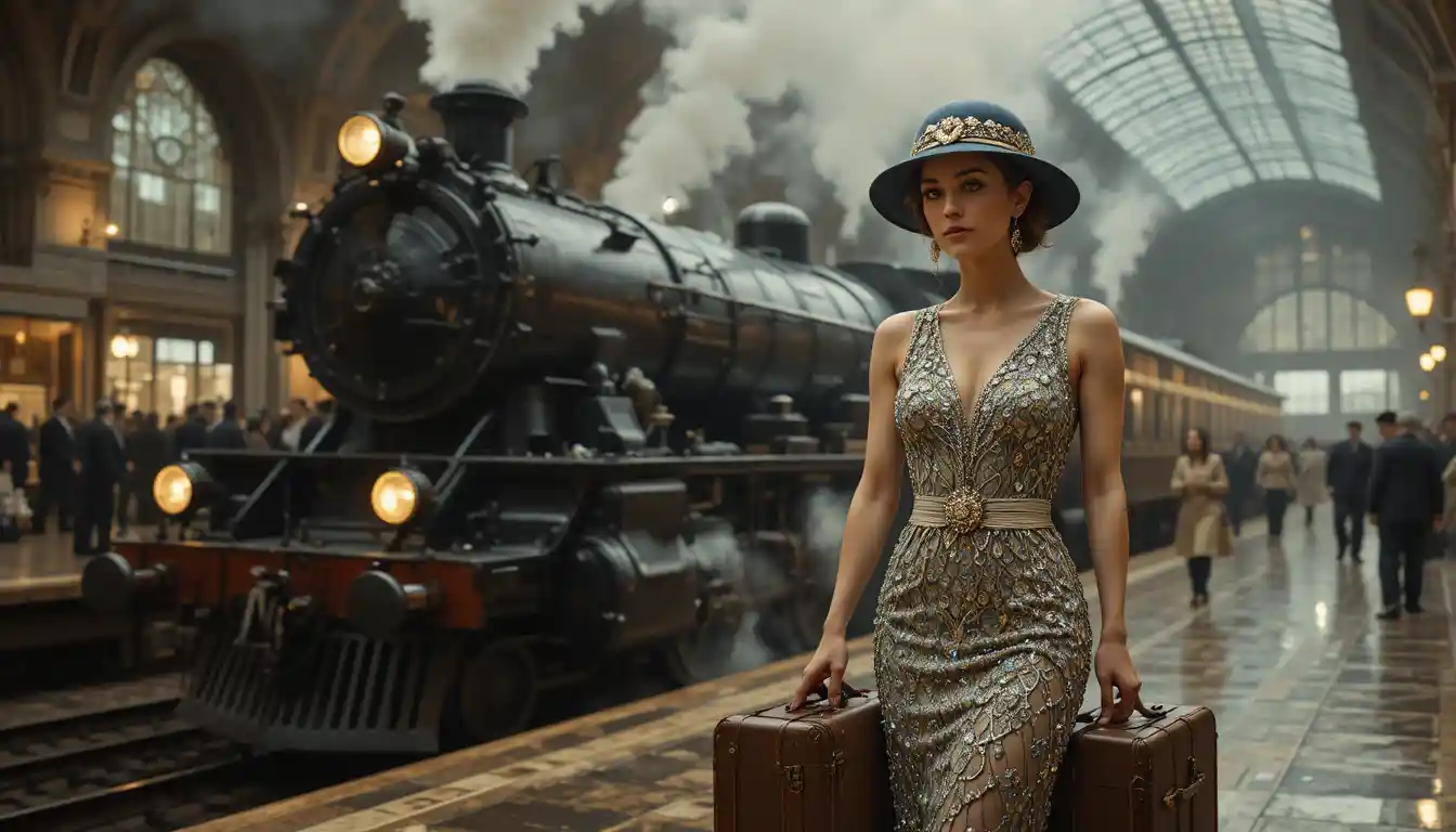 Elegant flapper woman at a 1920s train station platform