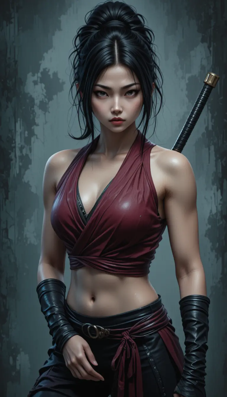 Fierce Asian Warrior Woman With Katana In Dark Ruins