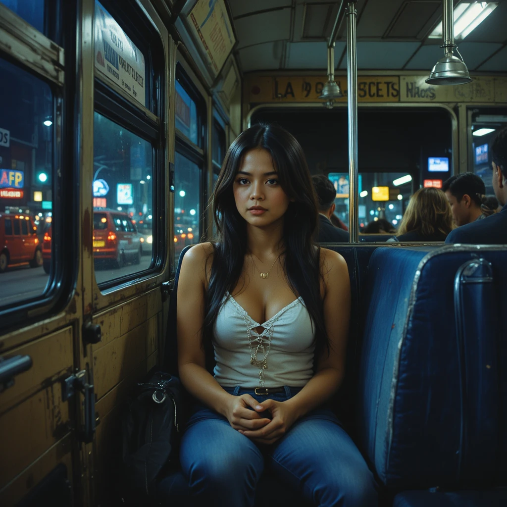 Young Mexican girl in slacks walking past parked buses