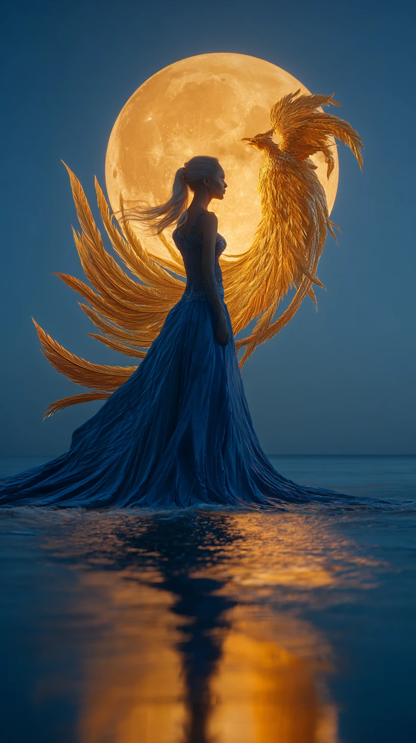 Woman in sapphire dress by moonlit ocean with phoenix