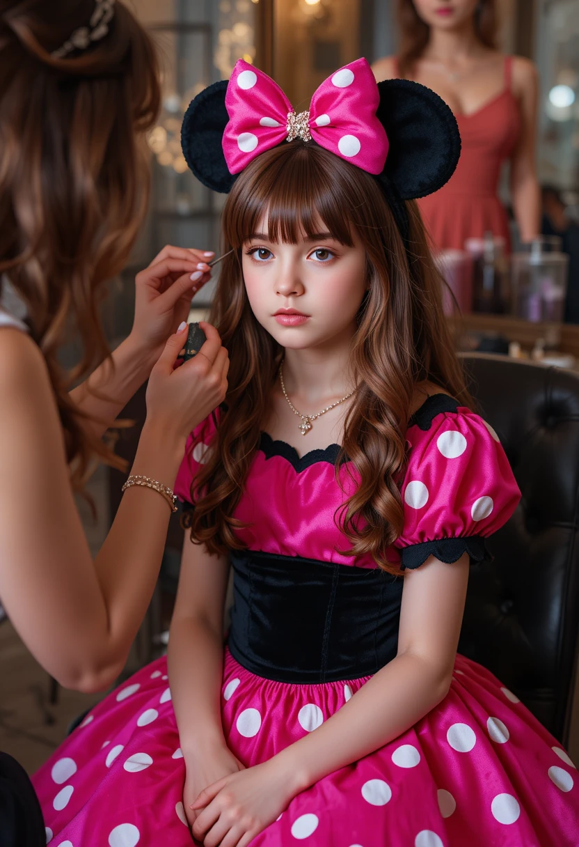 Niño con vestido rosa al que una mujer le aplica maquillaje
