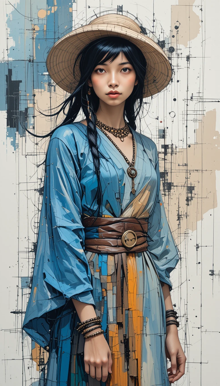 Young Asian woman in bohemian outfit on abstract canvas