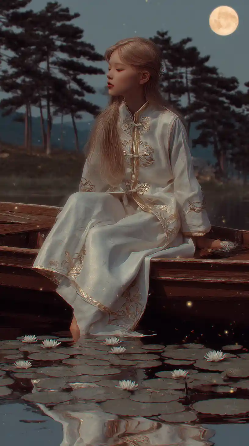 Girl in a moonlit boat surrounded by glowing spirit lights