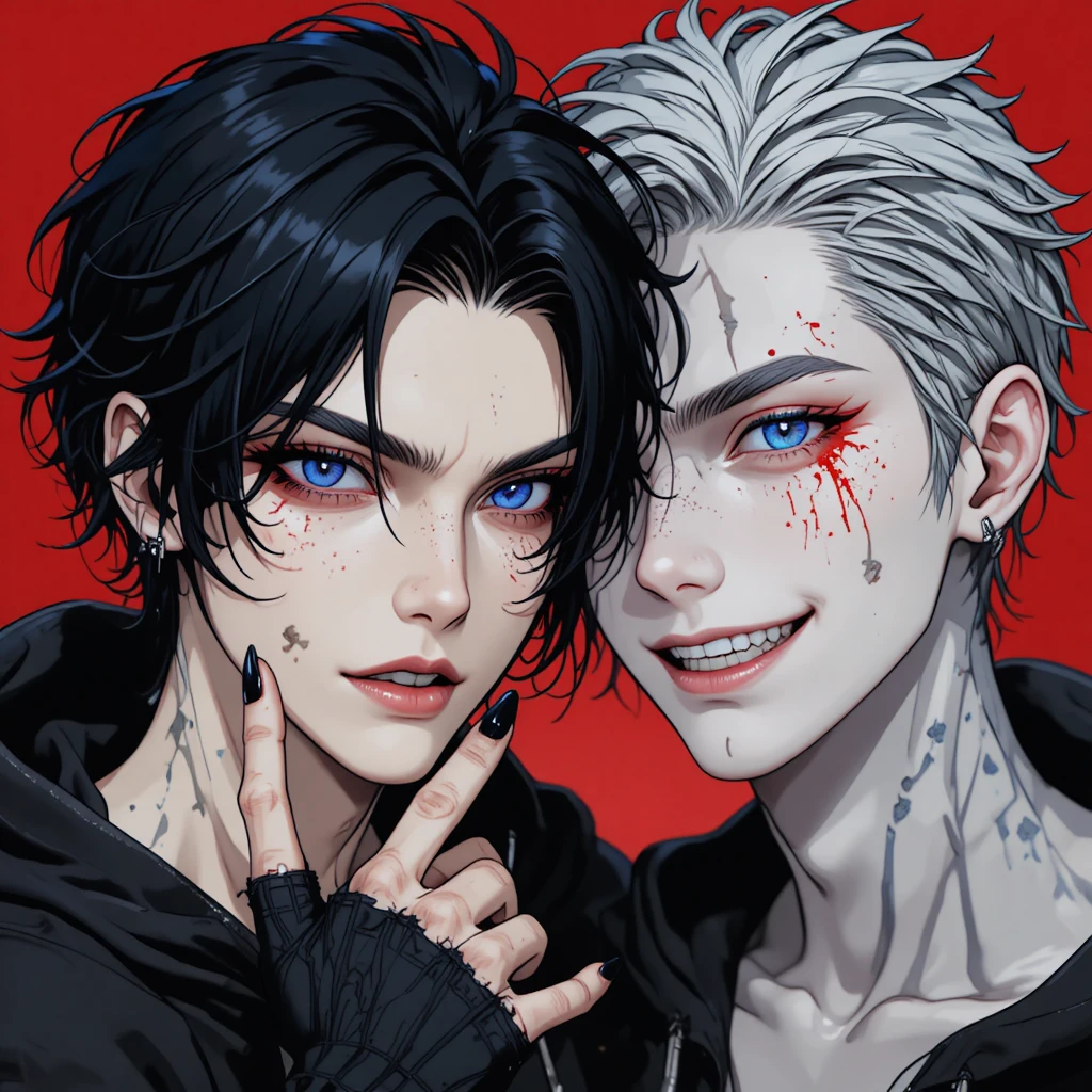 Anime twin men with contrasting scars and manic smile