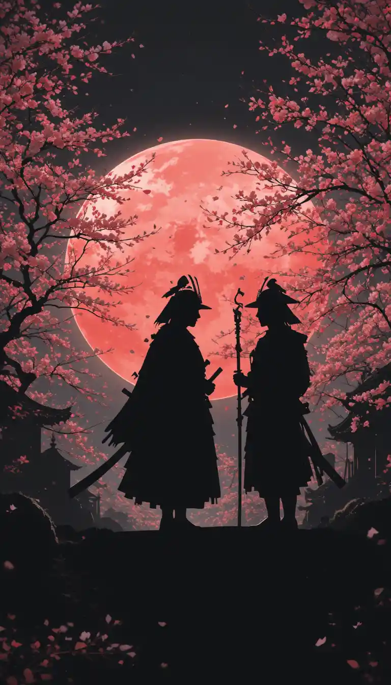 Silhouettes of geisha and samurai with cherry blossoms
