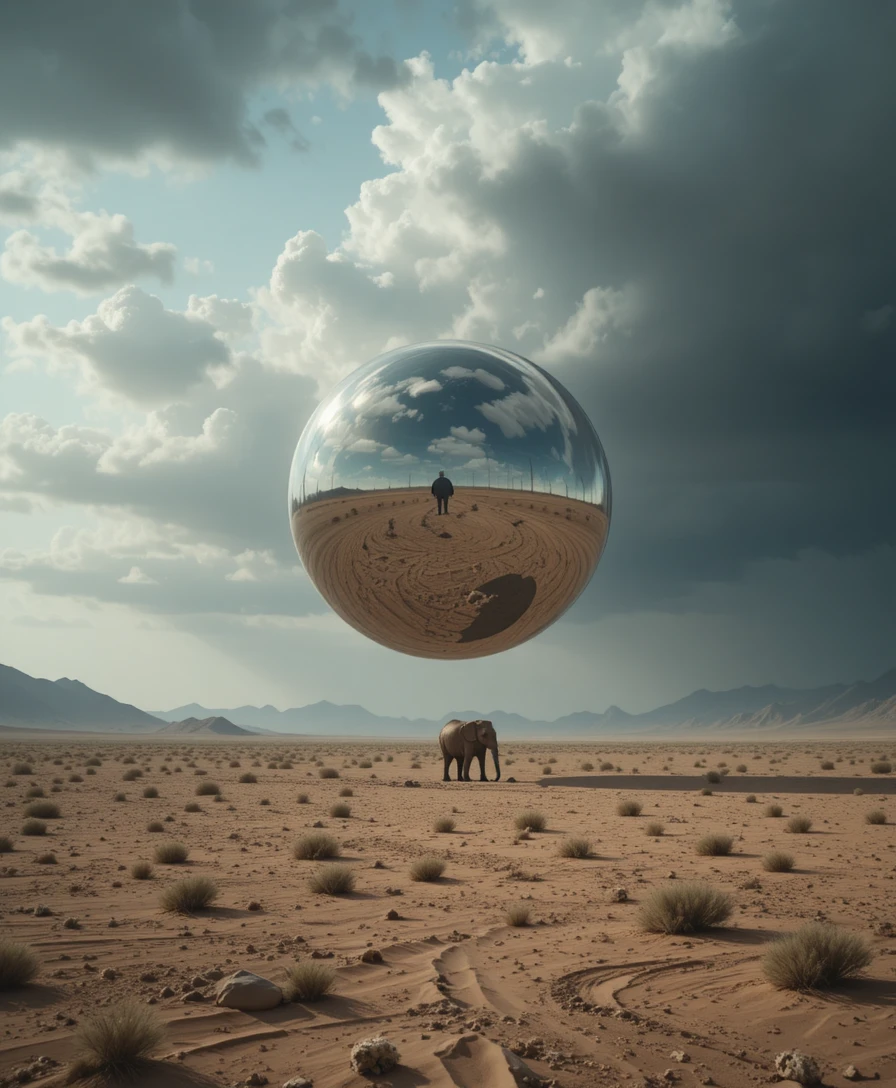 Paesaggio desertico surreale con orbe riflettente fluttuante ed elefante