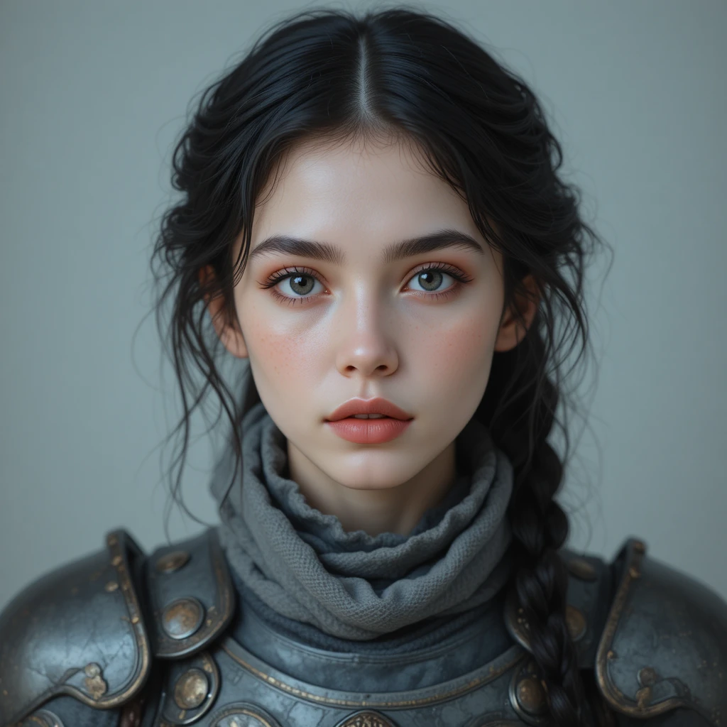 Young woman in ornate gray and gold fantasy armor portrait