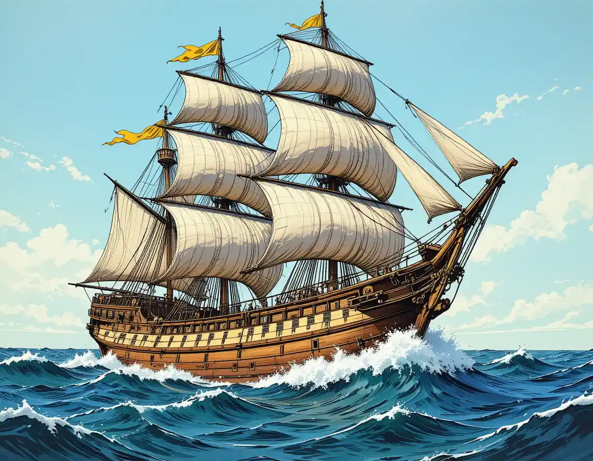 Vintage drawing of a tall sailing ship on rough seas