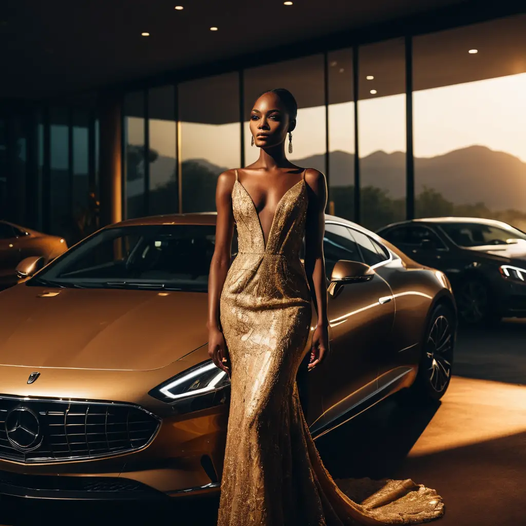 Selbstbewusste afrikanische Frau im Designer-Abendkleid im luxuriösen Showroom