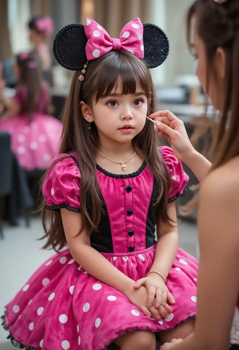 Niño con vestido rosa recibiendo maquillaje de una mujer