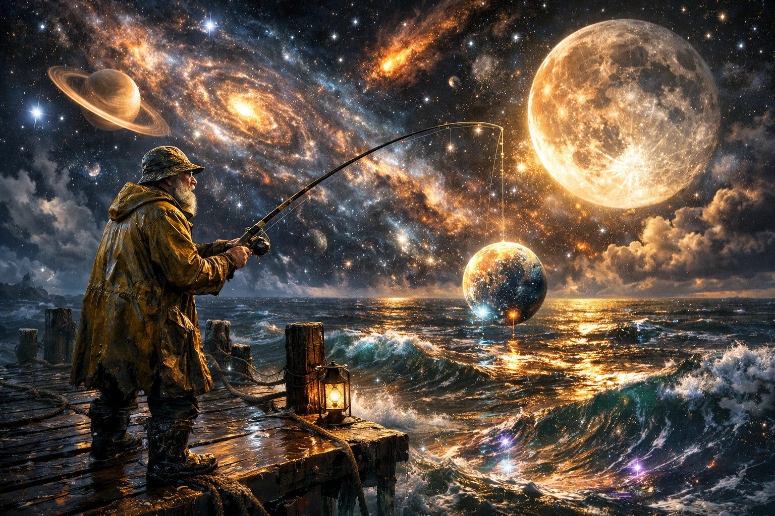 Viejo pescador en un muelle bajo un cielo oceánico cósmico y estrellado