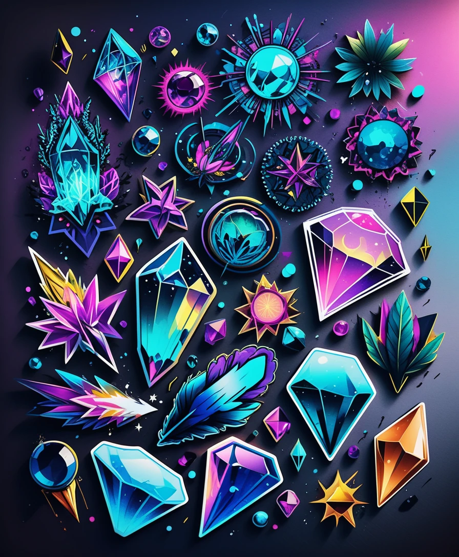 Colorful crystal sticker sheet with neon fantasy accents