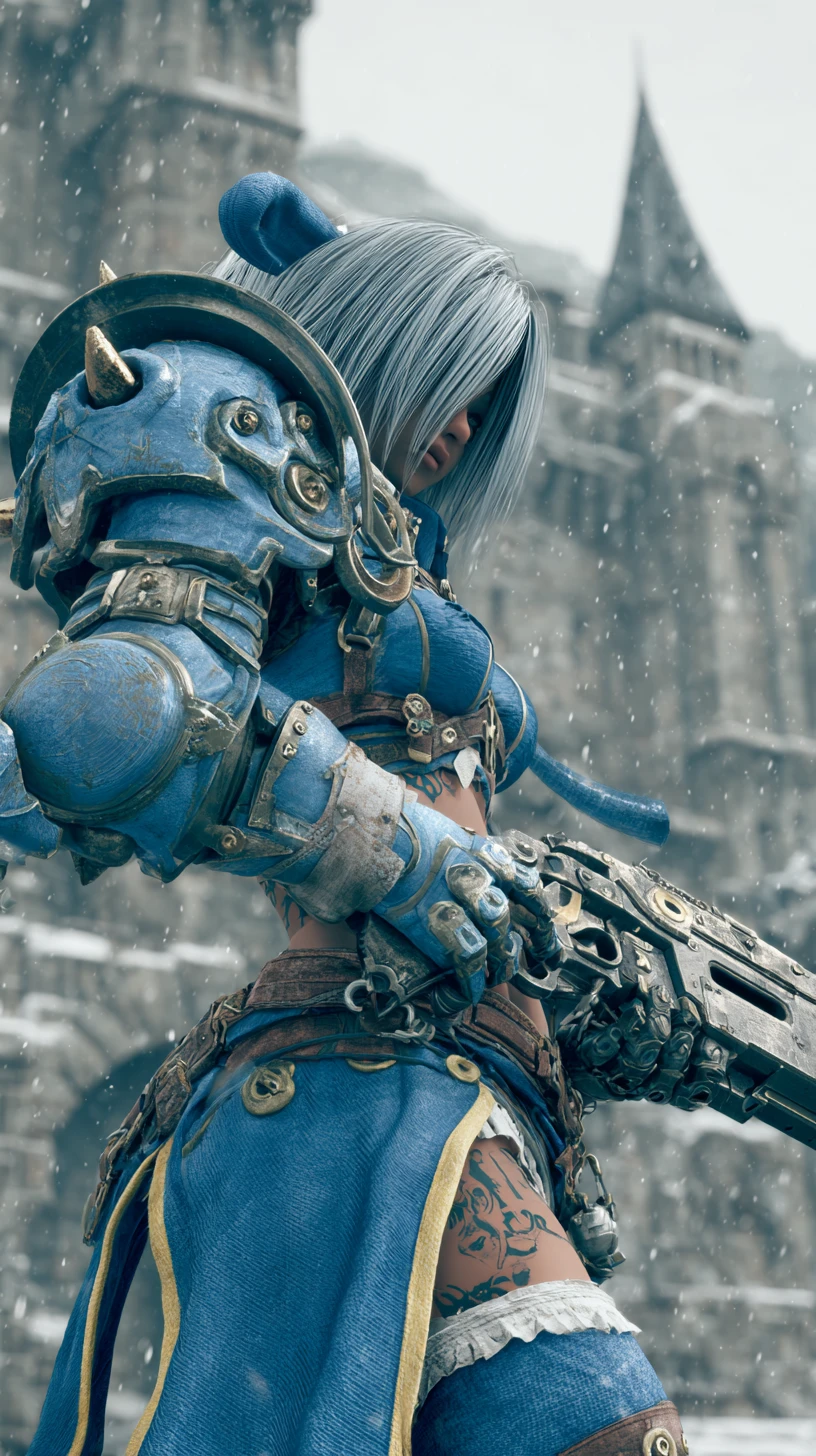 Scarred anime warrior woman in blue fantasy armor
