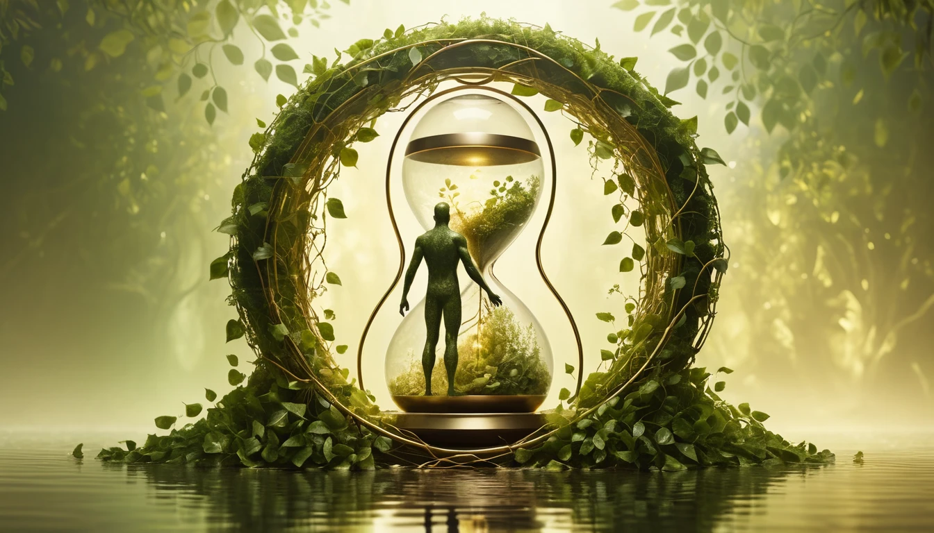 Human figure inside glowing natural hourglass of time