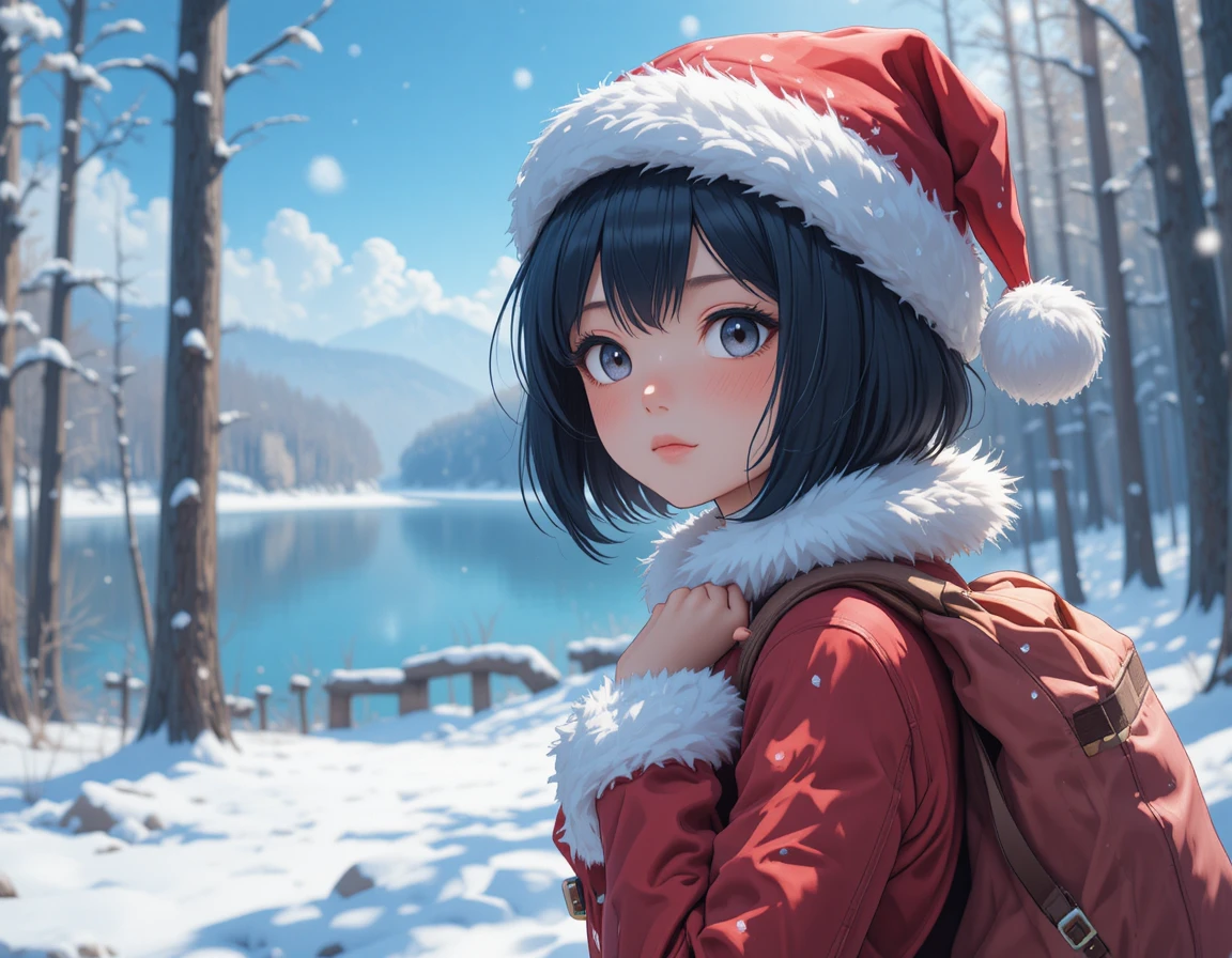 Anime girl in santa outfit by a calm snowy forest lake