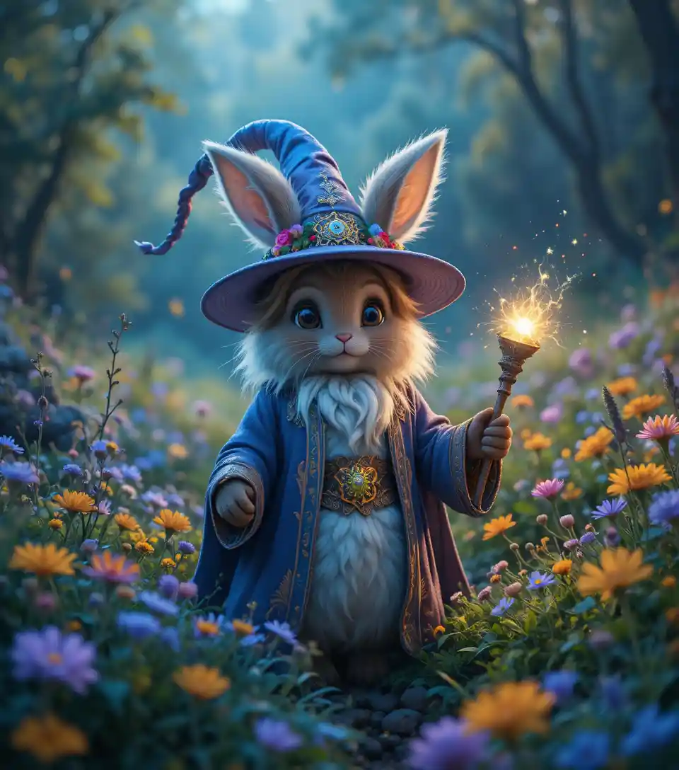Angora rabbit sorcerer walking through a colorful meadow