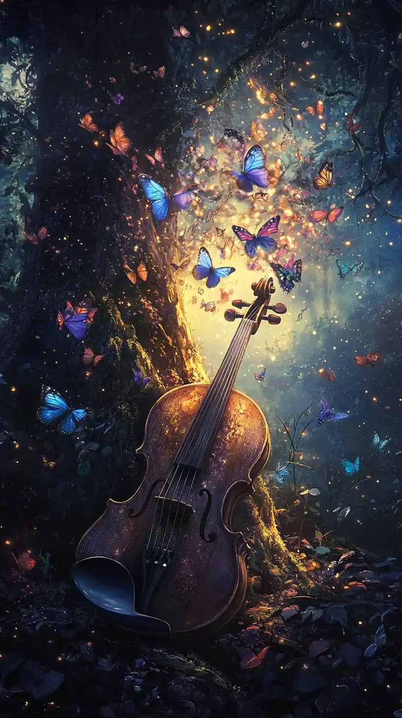 Vintage violin glowing with butterflies in a mystical forest