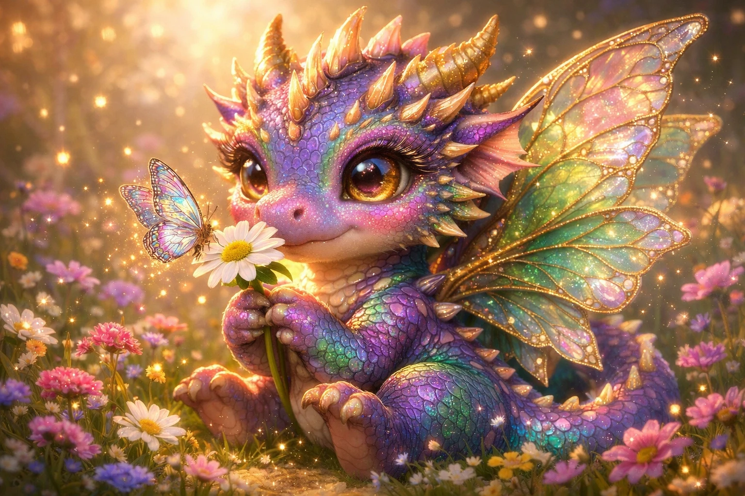 Tierno dragón bebé con mariposa en pradera encantada