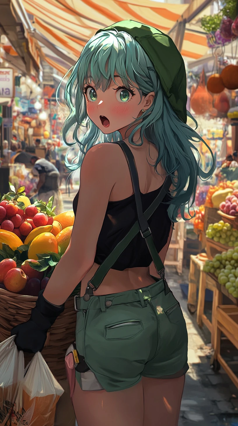 Chibi anime girl at a bustling fruit market stall