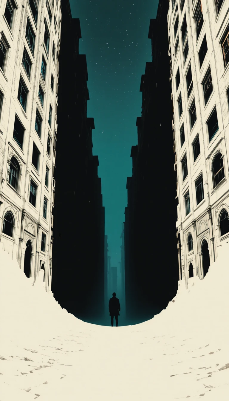 Solitary figure in towering surreal city chasm at dusk