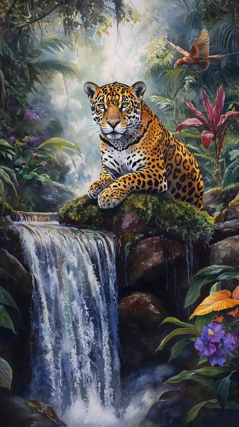 Watercolor jaguar resting by a waterfall in rainforest