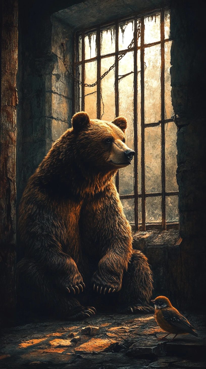 Urso acorrentado em masmorra escura observado por um pequeno pássaro