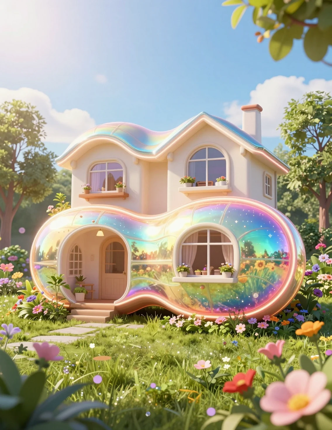 Iridescent peanut shaped fantasy house in glowing gardens
