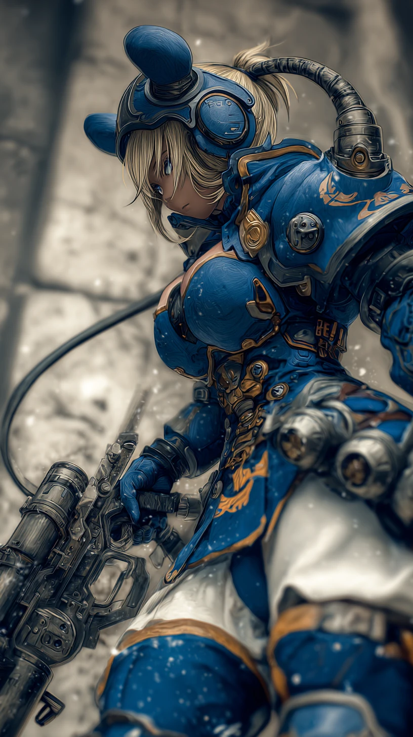 Close up of tattooed anime warrior woman with battle scars