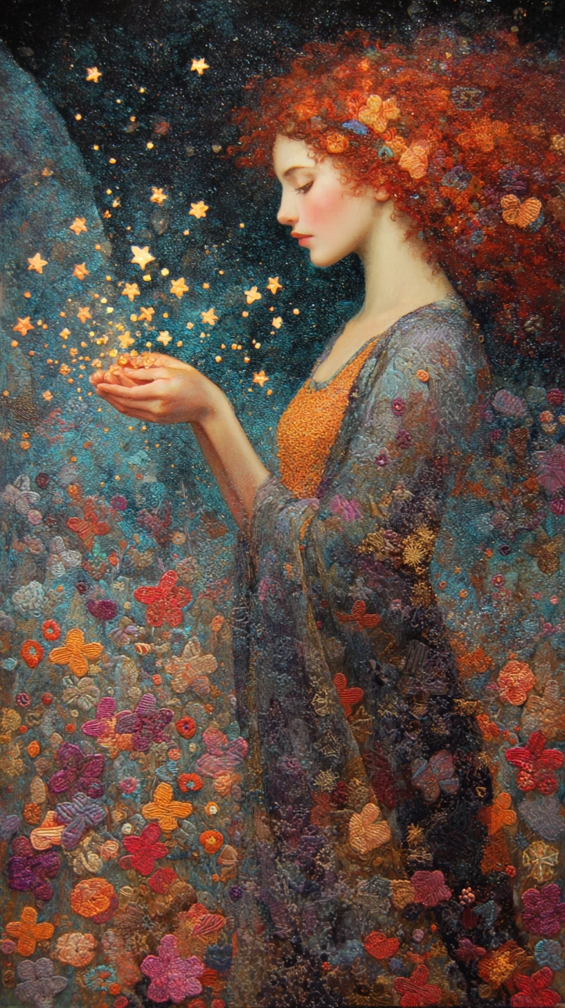 草地上收集發光星辰的神秘薩滿女子