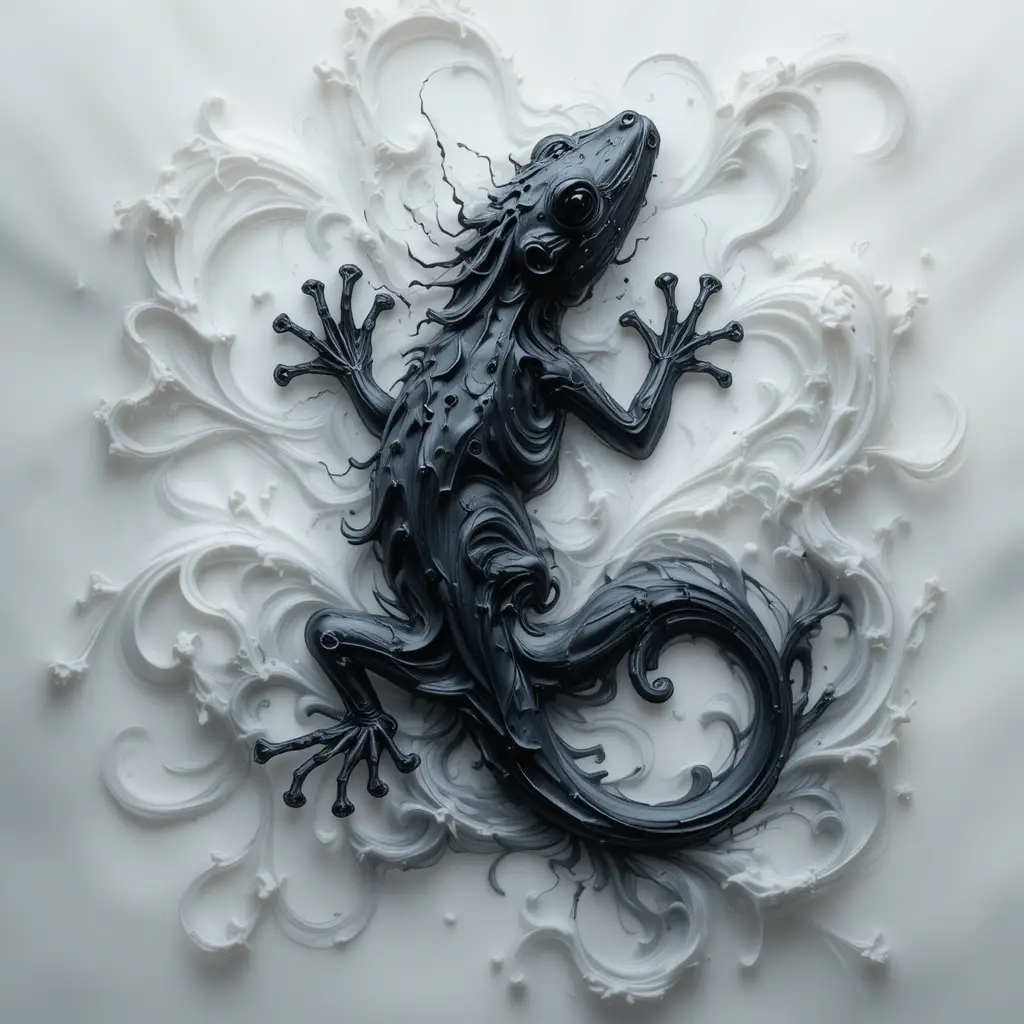 Gecko-Silhouette, die aus wirbelnden milchigen Wasserfontänen auftaucht