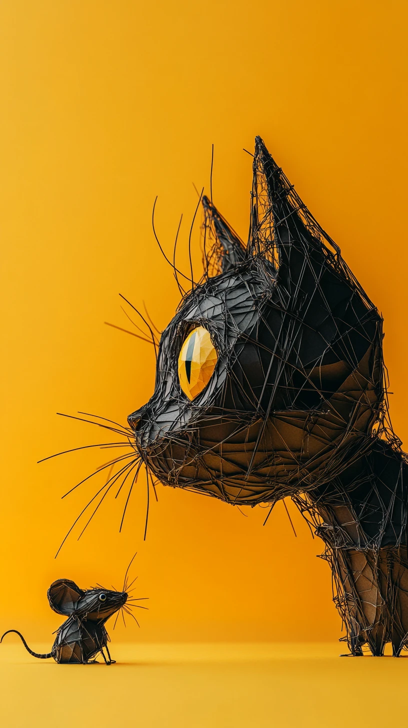 Minimalist cat and mouse made of threads and paper