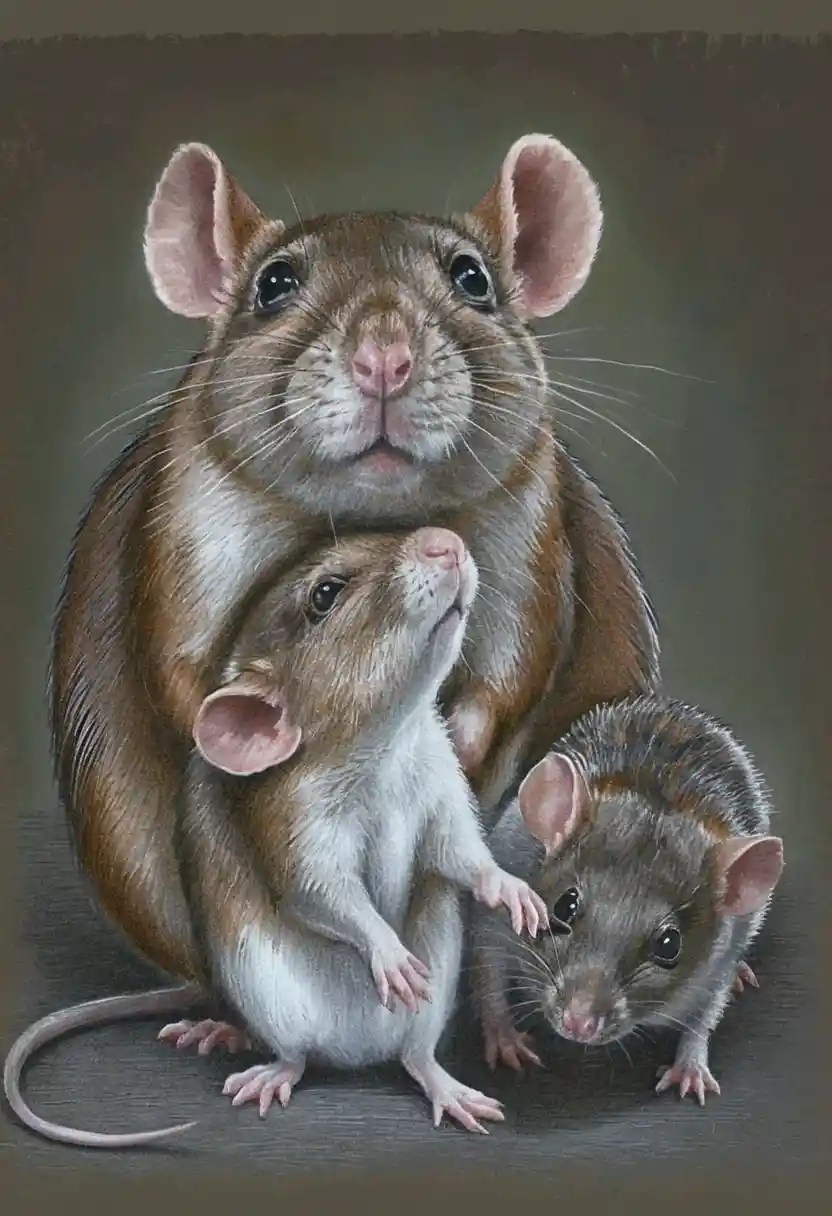 Rat family portrait with mother and two baby rats