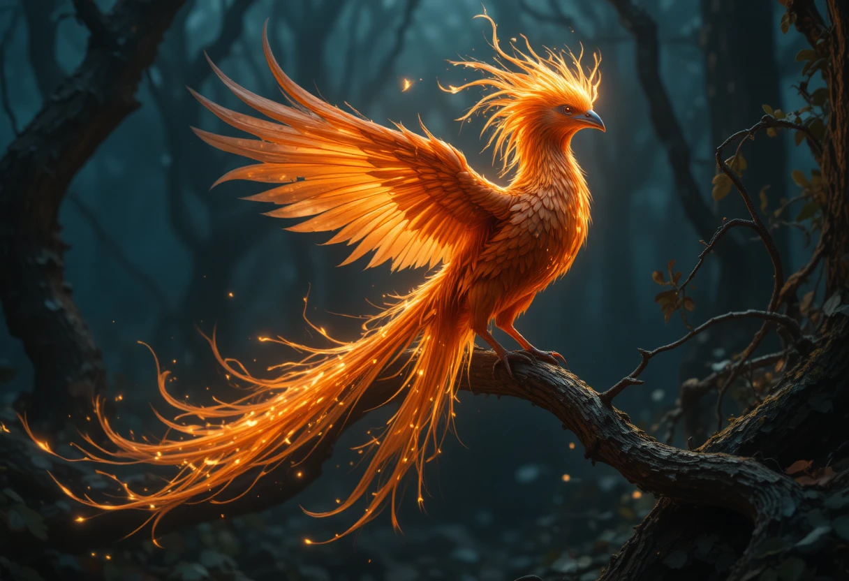 Majestic phoenix glowing on a golden branch in forest