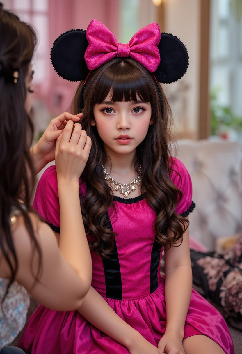 Junger Junge im rosa Kleid bekommt Make-up von einer Frau