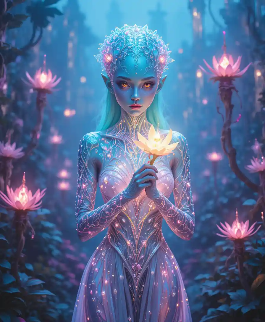 Iridescent Alien Woman Holding Glowing Flower In Jungle