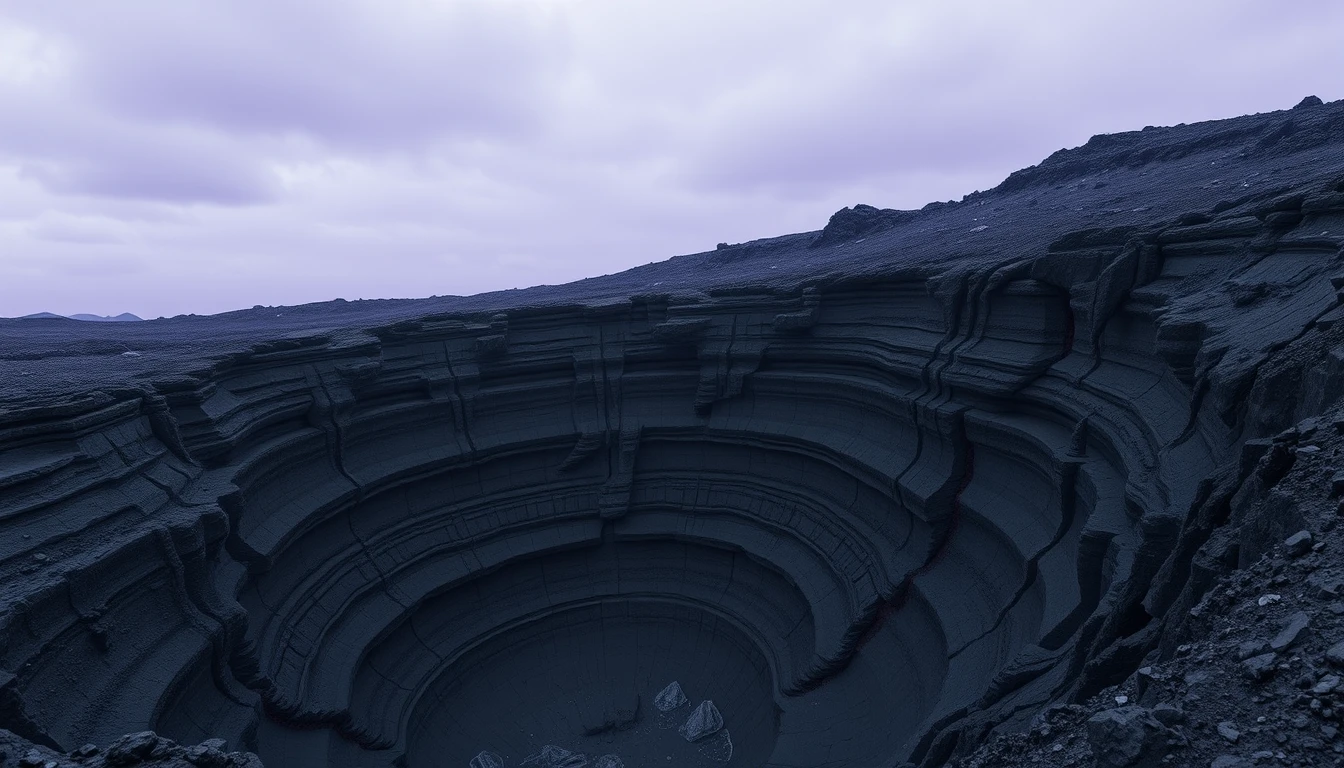 Extinct volcanic crater gorge under a silent alien sky