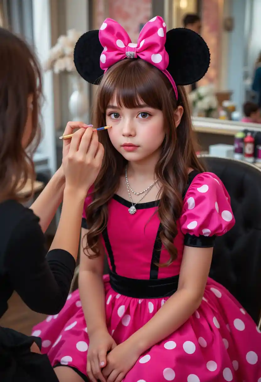 Menino usando vestido rosa recebendo maquiagem de uma mulher