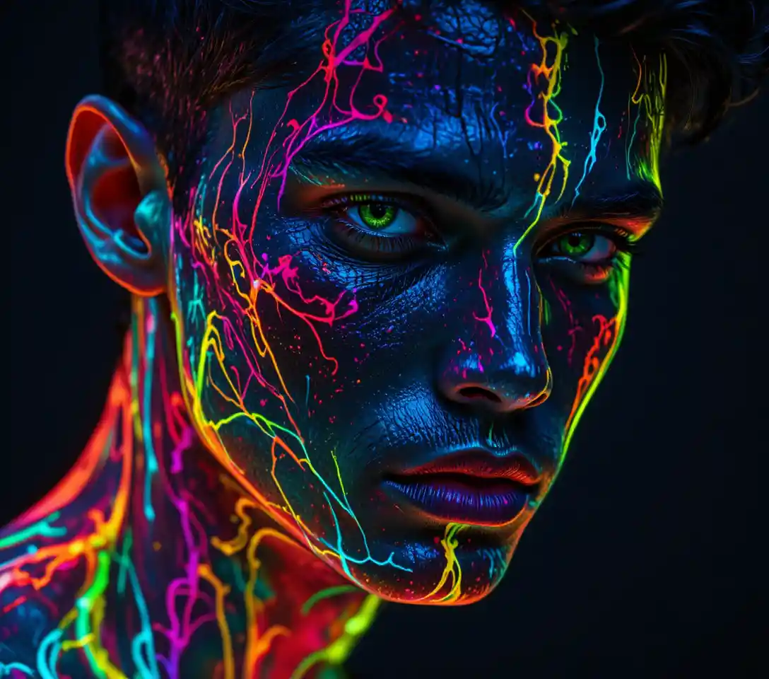 Neon painted young man close up portrait on black background