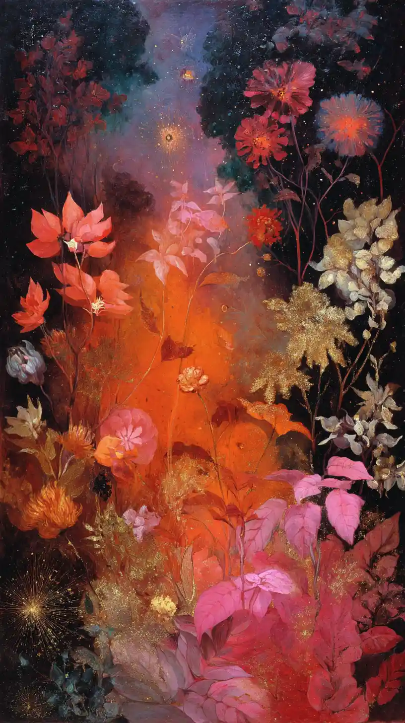 Surreal shaman glowing in a fantasy forest of magic flowers