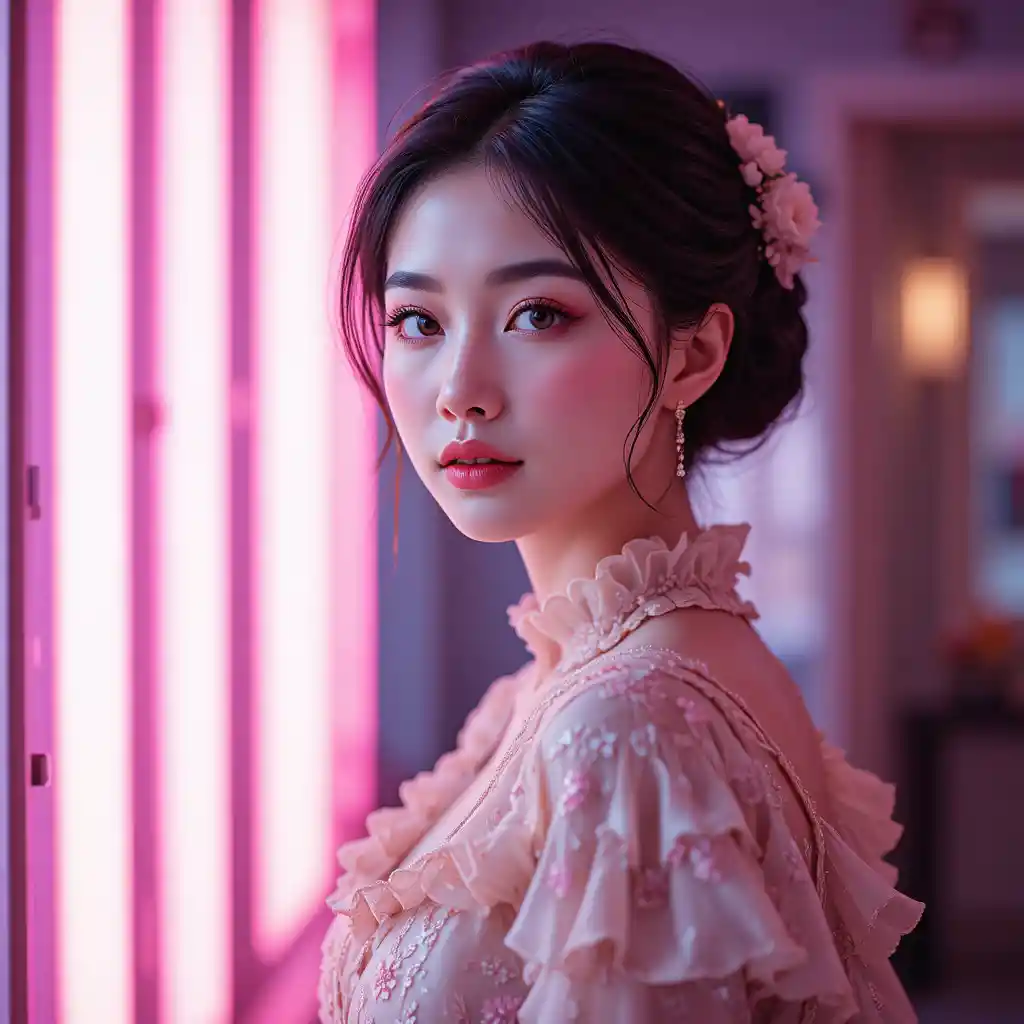 Elegant young Asian woman in soft neon portrait