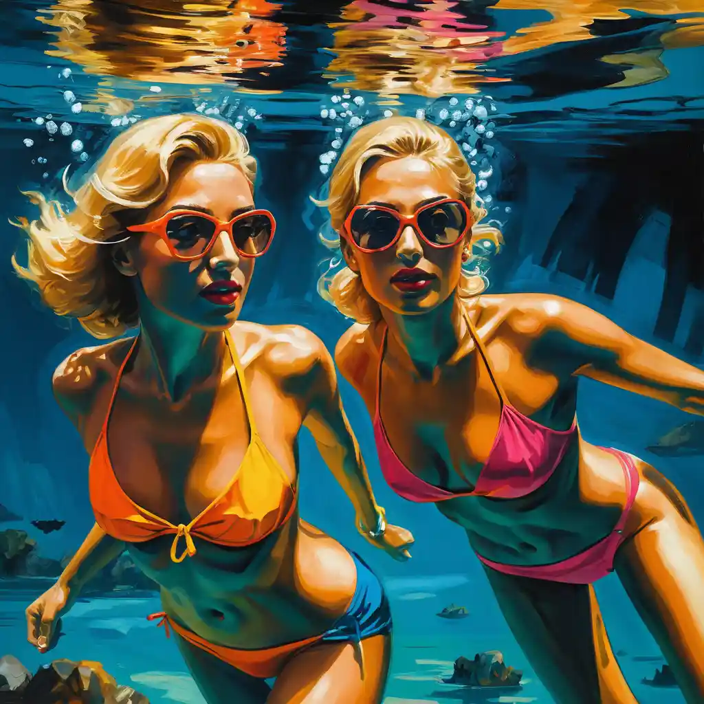Zwei Frauen schwimmen unter Wasser in einem fantasievollen digitalen Gemälde