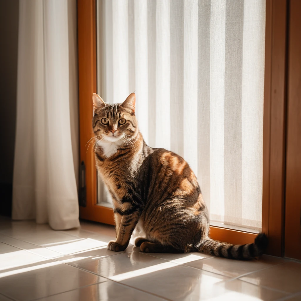 Gato atigrado mirando la luz del sol a través de una ventana luminosa