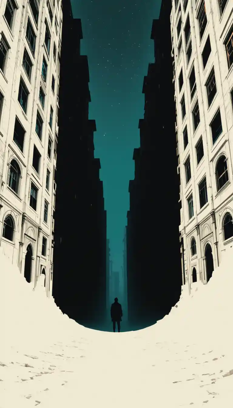 Solitary figure in towering surreal city chasm at dusk