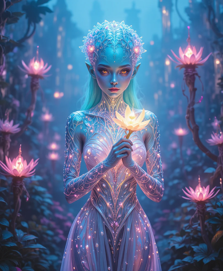 Iridescent Alien Woman Holding Glowing Flower In Jungle