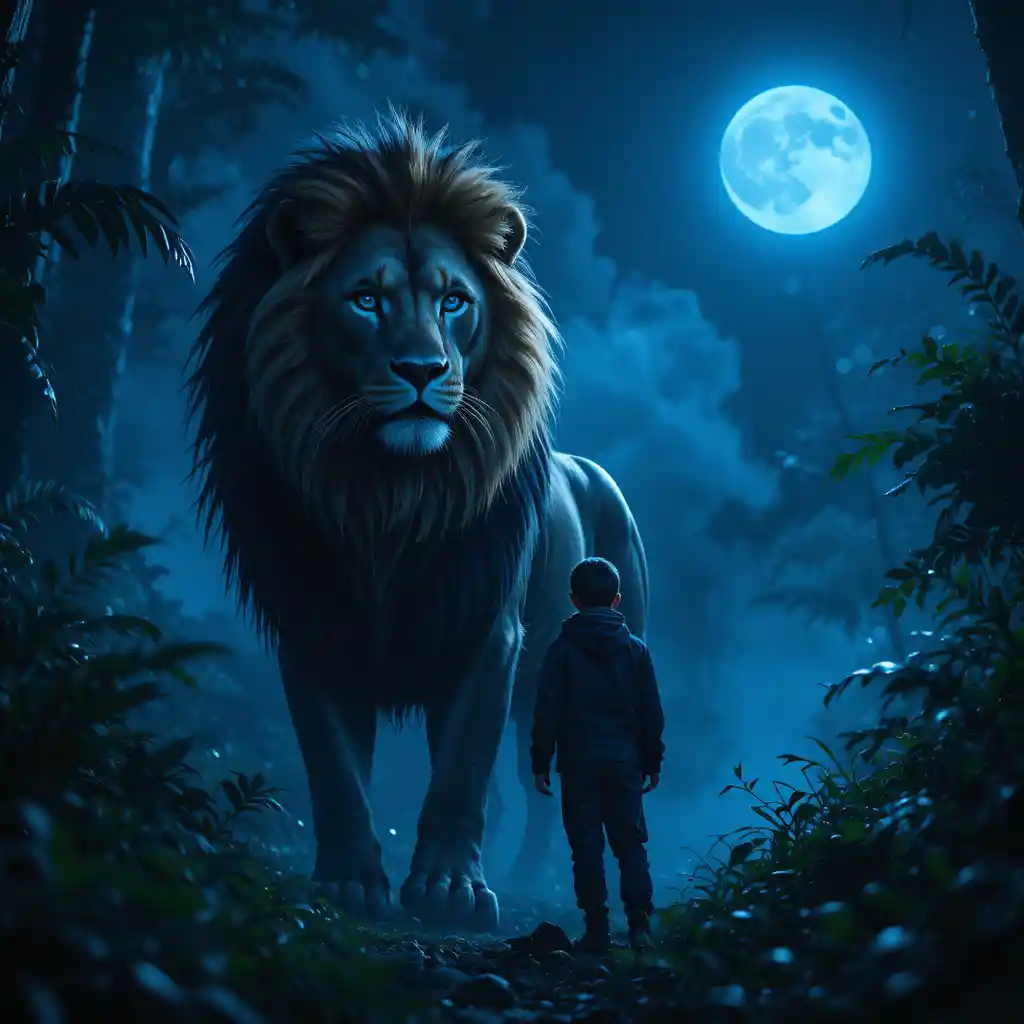 Brave boy standing beside a lion under the full moon
